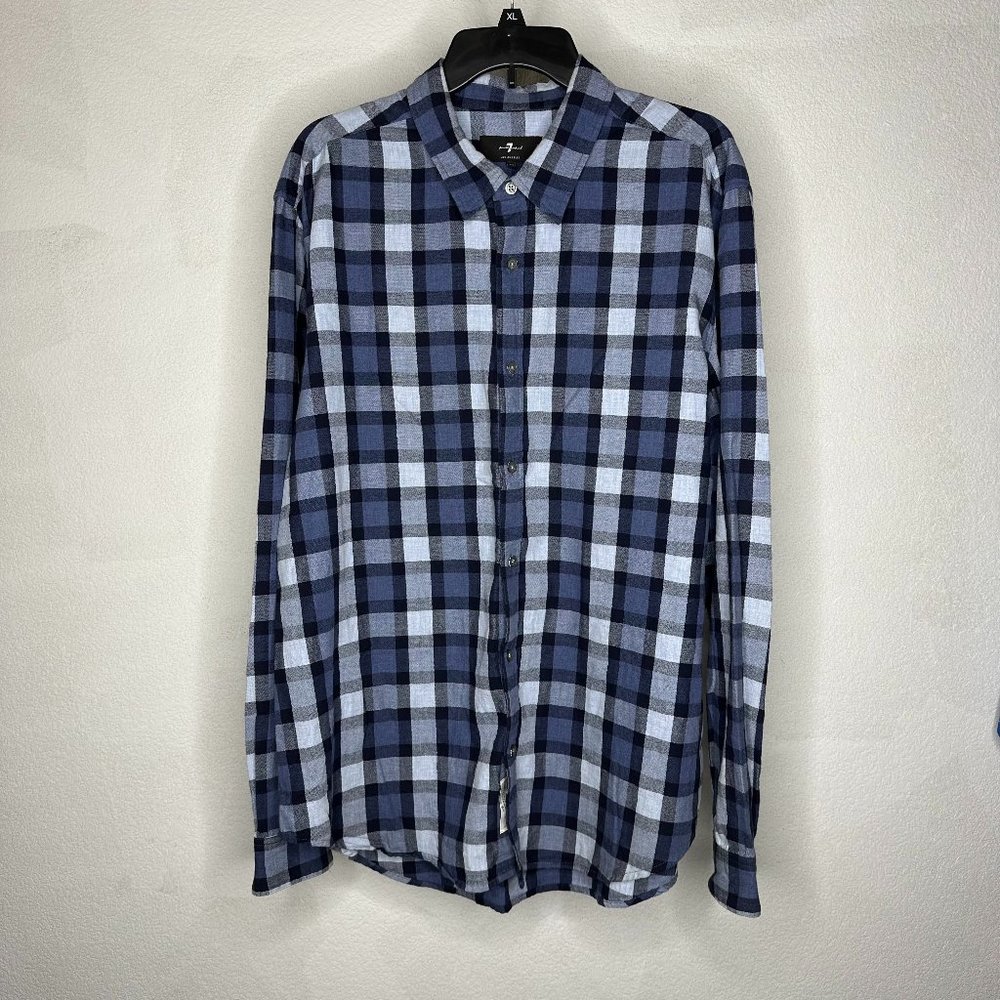 7 For all Mankind Shirt Blue Plaid Long Sleeve Collared Button Up - Mens 2XL